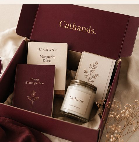 Box Catharsis ouverte : livres choisis, carnet d'introspection et bougie artisanale